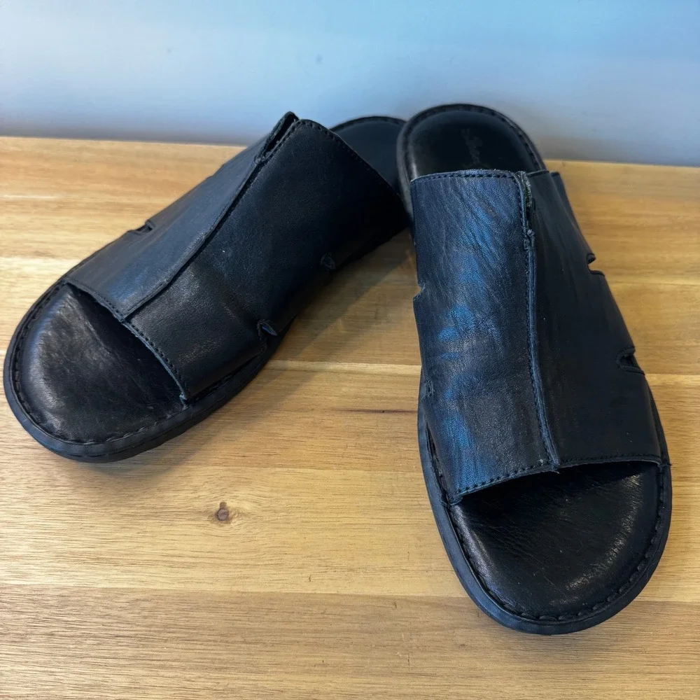Born Crown Men 10 EU 44 Black Leather Slide Sandals Slip On Casual Resort Beach